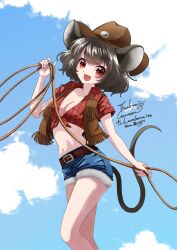  :d absurdres alternate_costume animal_ears belt blue_shorts blue_sky breasts brown_belt brown_vest cleavage cloud commentary commission commissioner_name cowboy cowboy_hat day denim english_commentary female grey_hair hat highres holding_lasso ikura_onigiri jeans lasso looking_at_viewer mouse_ears mouse_girl mouse_tail nazrin open_clothes open_mouth open_vest pants red_eyes red_shirt second-party_source shirt short_sleeves shorts signature skeb_commission sky small_breasts smile solo tail thank_you thighs tied_shirt touhou vest 