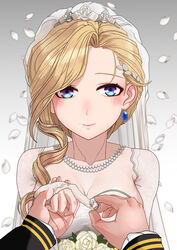  1boy 1girls after_fellatio after_oral after_sex azur_lane big_breasts blonde_hair blue_eyes blush breasts bridal_gauntlets bridal_veil cheating cheating_bride cheating_on_wedding_day cheating_wife cuckold cum cum_on_mouth earrings flower_petals hood_(azur_lane) jewelry laurel_crown marriage married married_couple married_woman necklace netorare ntr pale-skinned_female pale_skin pearl_necklace putting_on_wedding_ring safe sfw side_ponytail stray_pubic_hair suggestive suggestive_fluid tiara wedding wedding_band wedding_dress wedding_ring wedding_veil yomigaeru 