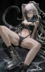  absurdres animal_ears arknights bare_shoulders black_boots black_scarf black_shorts boots breasts cat_ears cat_girl cat_tail commentary crop_top earpiece female full_body grey_hair highres large_breasts long_hair looking_at_viewer micro_shorts midriff navel ponytail scarf schwarz_(arknights) shikina_(mochigushi_) shorts signature solo tail very_long_hair yellow_eyes 