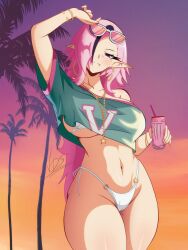  adjusting_eyewear bikini bracelet breasts can commentary cosplay cover_bikini_girl_(gta_vi) cover_bikini_girl_(gta_vi)_(cosplay) cropped_shirt earrings elf energy_drink english_commentary eyewear_on_head female grand_theft_auto grand_theft_auto_vi groin hair_over_one_eye highres holding holding_can hoop_earrings jewelry large_breasts long_hair looking_at_viewer monster_energy multicolored_hair navel original palm_tree pink_hair pointy_ears serena_(vdrawstuff) shirt signature smile solo stomach streaked_hair sunglasses sunset swimsuit tree vdrawstuff white_bikini 