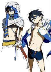  1boy arabian_clothes arm_out_of_sleeve black_hair black_male_swimwear blue_eyes commentary_request free! hair_between_eyes highres jacket jammkv korean_commentary male_focus male_swimwear midriff multiple_views nanase_haruka_(free!) navel scarf sheath sheathed short_hair swim_briefs turban white_background white_turban 