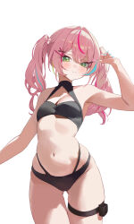  :3 armpits ass_visible_through_thighs bare_arms bare_shoulders bikini black_bikini blue_nails breasts cleavage cleavage_cutout closed_mouth clothing_cutout commentary_request cowboy_shot female green_eyes hair_ornament hanako_nana hand_up highleg highleg_bikini highres korean_commentary long_hair looking_at_viewer multicolored_hair nail_polish navel pink_hair rahwol177 simple_background small_breasts smile solo stellive stomach streaked_hair string_bikini swimsuit thigh_gap thigh_strap twintails virtual_youtuber white_background x_hair_ornament 