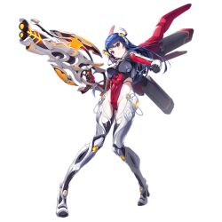  artist_request bad_source blue_hair breasts female full_body game_cg gloves groin gun highres holding holding_gun holding_weapon leotard long_hair long_sleeves makia_croft official_alternate_costume official_art purple_eyes solo third-party_source transparent_background unitia weapon 