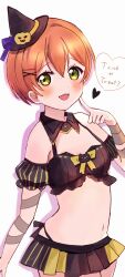  :3 arm_garter bandaged_arm bandages blush breasts commentary cowboy_shot detached_collar female finger_to_cheek green_eyes hair_ornament hairclip halloween hand_up hat heart highres hoshizora_rin looking_at_viewer love_live! love_live!_school_idol_project mini_hat navel oerba_yun_fang open_mouth orange_hair pleated_skirt protected_link short_hair simple_background skindentation skirt small_breasts smile solo symbol-only_commentary trick_or_treat tukiwa_poyo two-tone_skirt white_background witch_hat x_hair_ornament 