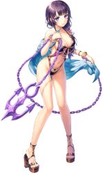  anchor artist_request bad_source bare_arms bare_hips bare_legs bare_shoulders breasts chains cleavage female flower full_body game_cg garetha_(unitia) groin high_heels highres navel official_alternate_costume official_art purple_eyes purple_hair sideboob solo third-party_source transparent_background unitia 