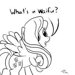 1:1 2011 ass black_and_white cutie_mark dialogue english_text equid equine feathered_wings feathers female feral fluttershy_(mlp) friendship_is_magic hasbro looking_at_viewer mammal monochrome my_little_pony mythological_creature mythological_equine mythology naive pegasus quadruped simple_background solo tail talking_to_viewer tanmansmantan text white_background wings