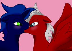 blue_body blue_hair blush duo equid equine fan_character feathered_wings feathers friendship_is_magic hair hasbro horn kissing male male/male mammal my_little_pony mythological_creature mythological_equine mythology pegasus rainbowspring red_body red_feathers shadow_spark_(mlp) spades_(mlp) unicorn wings