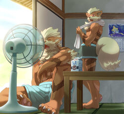 anthro anthrofied arcanine biri bodily_fluids bottomwear bulge calendar canid canine carton claws closed_eyes clothed clothing duo electric_fan generation_1_pokemon generation_3_pokemon heat_(temperature) humanoid jirachi legendary_pokemon male mammal milk moomoo_milk nintendo oscillating_fan overheated pawpads paws pokemon pokemon_(species) pokemorph red_eyes riot41 shorts sitting standing sweat tail topless towel towel_on_shoulder underwear