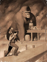 ape barrel donkey_kong_(character) donkey_kong_(series) female girder gorilla group hammer haplorhine human junkboy ladder male mammal mario mario_bros mayor_pauline monochrome nintendo primate sepia tools