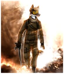 activision anthro army belt blonde_hair border brown_tail call_of_duty canid canine clothing cool_guys_don&#039;t_look_at_explosions explosion eyewear front_view goggles gun hair holding_gun holding_object holding_ranged_weapon holding_weapon jrhitch male mammal military ranged_weapon rifle scarf snout soldier solo standing tail tan_hair thigh_pouch two_tone_tail uniform utility_belt warrior weapon white_border white_tail wishbone_mouth