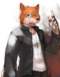 anthro bottomwear button_(fastener) canid canine clothed clothing cross cross_necklace greeting jewelry kogawa_kenji looking_at_viewer male mammal necklace open_mouth pants shirt solo topwear