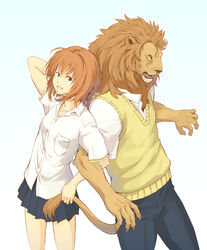 afd-yred anthro blue_eyes clothing duo felid female green_eyes kouta lion male mammal pantherine school_uniform simple_background smile standing tail uniform white_background