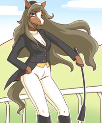 5:6 anthro armor blush breasts cleavage clothed clothing cloud costume equid equine female hair headgear helmet hooves horse long_hair mammal railing riding_crop snakehunter solo suit tail whip