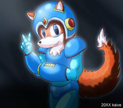 anthro armor biped black_background blue_body blue_eyes blue_skin canid canine capcom clothing digital_media_(artwork) dipstick_tail forehead_gem fox front_view fur gem gesture gradient_background hand_gesture headgear helmet kaive looking_at_viewer low_res male mammal markings mega_man_(series) mega_man_x_(character) mega_man_x_(series) multicolored_tail orange_body orange_fur portrait simple_background solo standing suit tail tail_markings three-quarter_portrait two_tone_tail v_sign white_markings white_tail_tip