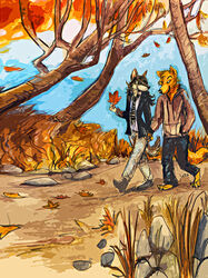 anthro autumn black_hair bottomwear canid canine clothed clothing day detailed_background duo falling_leaves footwear fully_clothed grass hair hand_holding hoodie jacket java leaf male male/male mammal nature necktie outside pants plant rock romantic romantic_ambiance romantic_couple shoes sky tail topwear tree walking