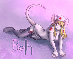 2011 anthro beth_reyton blonde_hair breasts cleavage clothed clothing female fur hair legwear looking_at_viewer mammal mosa mouse murid murine nurse nurse_clothing nurse_uniform pinup pose rodent skimpy solo stockings tail uniform white_body white_fur