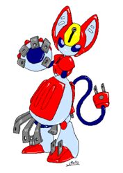 alpha_channel ambiguous_gender anthro black_eyes cord feline_ears looking_at_viewer low_res machine medarot peppercat red_body robot simple_background solo stratolight tail transparent_background