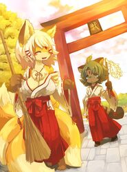 afternoon anthro asian_clothing bell big_breasts blush bottomwear breasts broom canid canine cjk_character cleaning_tool cleavage closed_eyes clothed clothing detailed_background duo east_asian_clothing female fox gate hakama haori japanese_clothing kemono kishibe leaf mammal miko_outfit multi_tail off_shoulder outside plant priest raccoon_dog red_bottomwear red_clothing red_hakama religion scenery shinto shinto_shrine shrine shrine_maiden standing tail tanuki torii tree wand white_haori wood