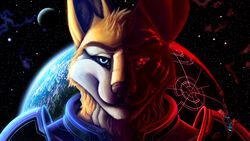 anthro armor bioware blue_eyes canid canine cybernetic_eye cybernetics cyborg earth electronic_arts fluke fox heterochromia machine male mammal mass_effect moon planet red_eyes scar solo space star