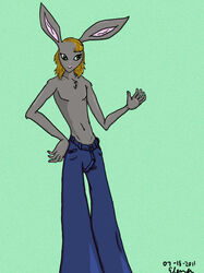 2011 5_fingers anthro biped blonde_hair boobytrapzap bottomwear clothed clothing denim denim_bottomwear denim_clothing elena_(disambiguation) fingers fur green_background green_eyes grey_body grey_fur hair hand_on_hip hi_res jeans lagomorph leporid long_ears male mammal pants rabbit short_hair simple_background solo standing toony topless