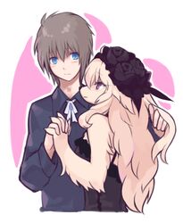 bird_dog blue_eyes blush canid canine canis clothing domestic_dog dress duo female golden_retriever hand_holding hat headgear headwear hover_hand human hunting_dog interlocked_fingers male mammal purple_eyes retriever romantic romantic_couple simple_background wkar