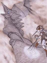 2011 anthro avian avion_(shadow_of_the_colossus) blue_eyes brown_body brown_fur colored_pencil_(artwork) colossus colossus_(shadow_of_the_colossus) duo equid equine fight freckles_(artist) fur horse japan_studio_(game_developer) male mammal melee_weapon membrane_(anatomy) membranous_wings mixed_media monster painting_(artwork) reptile rock scalie shadow_of_the_colossus signature sony_corporation sony_interactive_entertainment sword team_ico_(game_developer) traditional_media_(artwork) wander_(shadow_of_the_colossus) watercolor_(artwork) weapon white_body white_fur wings