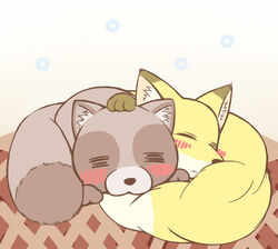 ambiguous_gender blush canid canine closed_eyes darkfiremissle duo feral fox mammal raccoon_dog sleeping tail tanuki