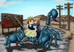 anthro aponm arachnid arachnid_taur arthropod arthropod_taur canid canine chelicerae clothed clothing fallout female group human maid_uniform mammal microsoft mount pedipalps riding scorpion scorpion_taur taur uniform