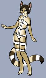 ajna anthro barefoot bassariscus biped blue_eyes brown_hair cacomistle clothed clothing cosplay feet female fur hair leeloo mammal procyonid skimpy solo standing tail tan_body tan_fur tee_(ajna) the_fifth_element whiskers