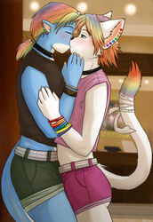 2011 alternative_fashion anthro bottomwear clothed clothing collar crossdressing detailed_background digital_drawing_(artwork) digital_media_(artwork) domestic_cat dragon duo ear_piercing felid feline felis femboy fully_clothed fur hair interspecies kiss_on_lips kissing male male/male mammal multicolored_hair mythological_creature mythological_scalie mythology piercing rainbow_hair ramzryu ramzyuu_(ramzyru) revy_(revy) romantic romantic_couple scalie scene_(fashion) shorts side_view sparklefur tail white_body white_fur