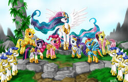 14:9 alicorn applejack_(mlp) armor blue_body blue_feathers blue_fur cloth_(saint_seiya) crown cutie_mark earth_pony equid equine feathered_wings feathers female feral fluttershy_(mlp) friendship_is_magic fur glistening grass group hair hasbro headgear horn horse kroliath long_hair looking_at_viewer mammal multicolored_hair my_little_pony mythological_creature mythological_equine mythology pegasi_guard_(mlp) pegasus pinkie_pie_(mlp) plant pony princess_celestia_(mlp) purple_hair quadruped rainbow_dash_(mlp) rainbow_hair rarity_(mlp) rock royal_guard_(mlp) saint_seiya tail toei_animation tree twilight_sparkle_(mlp) two_tone_hair unicorn wings wood yellow_body yellow_feathers