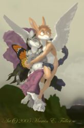 2005 anthro black_hair brown_hair cupid cybercorn_entropic domestic_cat duo feathered_wings feathers felid feline felis female grey_eyes hair insect_wings inspired_by_formal_art jill_psyche joe_cupid lagomorph leporid male mammal psyche rabbit the_abduction_of_psyche william-adolphe_bouguereau wings