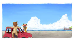 brown_hair canid canine car clothing cloud duo female hair hat headgear headwear lighthouse looking_away male mammal outside rigi sky tail vehicle