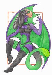 anthro avian bird_wyvern bone_frill calolily capcom countershading female frill_(anatomy) green_body green_countershading green_eyes gypceros head_crest hi_res latex looking_at_viewer membrane_(anatomy) membranous_wings monster_hunter purple_body solo tail traditional_media_(artwork) wings