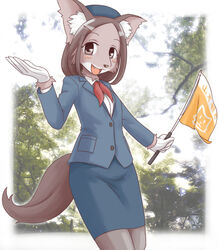 anthro blush bottomwear brown_hair canid canine clothing female flag fox gloves hair handwear hat headgear headwear japanese_text looking_at_viewer mammal plant skirt snakehunter solo tail text tree uniform wood