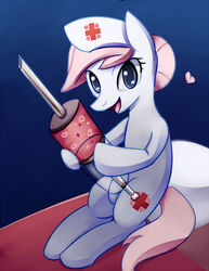 bedding blanket blue_eyes cutie_mark earth_pony equid equine female feral friendship_is_magic hair hasbro heart_symbol horse mammal medical_instrument medical_syringe my_little_pony negativefox nurse nurse_redheart open_mouth pillow pink_hair pony red_cross scientific_instrument solo syringe tail tongue vaccine white_body