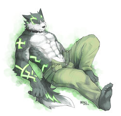 2011 abs anthro beau_(artist) belt biceps biped bottomwear canid canine canis claws closed_eyes clothed clothing facial_markings fur glowing glowing_markings green_eyes green_markings head_markings lying male mammal markings muscular muscular_anthro muscular_male pants pecs sitting sleeping smile solo tail tattoo topless wolf