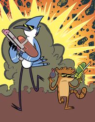 2_toes 3_toes anthro avian avian_feet bird blue_jay cartoon_network cool_guys_don&#039;t_look_at_explosions corvid duo explosion eyewear feathers feet jay_(bird) male mammal mordecai_(regular_show) new_world_jay oscine passerine procyonid raccoon regular_show rigby_(regular_show) running sunglasses tail tail_feathers toes toony toy toy_gun unknown_artist water_balloon water_gun