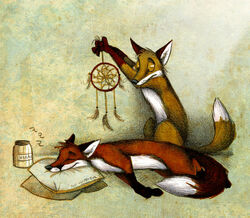 2011 ambiguous_gender brown_eyes canid canine closed_eyes container culpeofox dreamcatcher duo english_text feral fox jar mammal pillow sleeping sound_effects tail text vowelless vowelless_sound_effect zzz