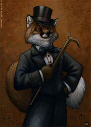 2010 5_fingers abstract_background anthro biped black_bottomwear black_clothing black_headwear black_nose black_topwear bottomwear bow_(feature) bow_tie brown_background brown_body brown_fur cane canid canine classy clothed clothing detailed dress_shirt fingers fluffy fluffy_tail fox front_view fully_clothed fur gentleman hand_on_hip hat headgear headwear holding_object jacket kyoht_luterman looking_at_viewer male mammal orange_body orange_fur pants portrait pose shirt simple_background smile solo standing suit tail three-quarter_portrait top_hat topwear whiskers white_body white_clothing white_fur white_topwear yellow_eyes