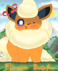  absurd_res blush blush_lines caroll dynamax dynamax_pokemon eevee eeveelution feral flareon flareon_day fluffy fluffy_hair fluffy_tail fur generation_1_pokemon grass hair heart_symbol hi_res male nintendo orange_body orange_fur plant pokemon pokemon_(species) sky tail 