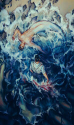  2boys abs absurdres alternate_universe batman_(series) beach black_hair blue_pants bruce_wayne clark_kent closed_mouth commentary dc_comics english_commentary fins fish_tail from_above highres lying male_focus merman monster_boy multiple_boys navel nipples ocean on_back osi051_(osiovi051) pants partially_submerged pectorals scar scar_on_arm scar_on_chest shark_boy shark_tail shirt short_hair sleeves_rolled_up superman_(series) suspenders tail topless_male water white_shirt 