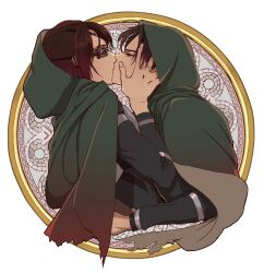  1boy 1other art_nouveau black_hair black_shirt border brown_hair cloak closed_eyes commentary_request eyepatch goggles green_cloak half-closed_eyes hand_on_another's_cheek hand_on_another's_face hange_zoe hood hood_up hooded_cloak kissing levi_(shingeki_no_kyojin) looking_at_another medium_hair other_with_male parted_bangs ponytail shingeki_no_kyojin shirt short_hair suzu_(mjje0txjdsyxovk) torn_cloak torn_clothes upper_body white_border 
