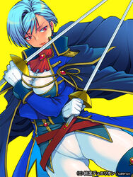  blue_hair breasts coat eroe large_breasts red_eyes sword 