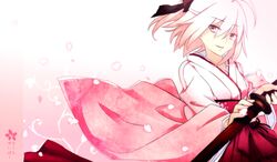  bad_id bad_pixiv_id cherry_blossoms fate_(series) female fulunukko hair_up hakama hakama_skirt half_updo japanese_clothes katana kimono koha-ace okita_souji_(fate) okita_souji_(koha-ace) pink_eyes pink_hair purple_hakama sheath sheathed skirt solo sword weapon 