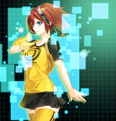  aiba_ami backpack bag black_skirt blue_eyes commentary_request digimon digimon_story:_cyber_sleuth female gloves glowing print_shirt print_thighhighs raglan_sleeves red_hair rororororo shirt short_hair side_ponytail single_glove skirt smile solo thighhighs yellow_shirt zettai_ryouiki 