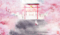  2boys blonde_hair brown_hair cherry_blossoms commentary_request female highres iki_hiyori japanese_clothes long_hair multiple_boys noragami photoshop_(medium) sanaa scenery school_uniform short_hair shrine stairs torii yato_(noragami) yukine_(noragami) 