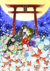  2girls ball black_hair blue_flower blunt_bangs cheek-to-cheek chrysanthemum commentary_request flower full_moon green_eyes green_hair hair_ornament hairclip head_tilt heads_together holding_hands huge_moon interlocked_fingers japanese_clothes katou_kouki kimono long_hair looking_at_viewer moon multiple_girls night original palms_together parted_lips photoshop_(medium) pinwheel red_eyes red_flower short_hair temari_ball torii translated very_long_hair white_flower yellow_flower yellow_moon 