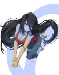  adventure_time bad_id bad_pixiv_id bare_shoulders black_hair blue_skin breasts capri_pants cleavage colored_skin denim elbow_gloves female flying gloves hair_between_eyes jeans large_breasts long_hair looking_at_viewer marceline_abadeer pants red_eyes slippers smile solo stormcow tank_top torn_clothes torn_jeans torn_pants vampire very_long_hair 