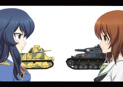  2girls blue_eyes blue_hair blush brown_eyes brown_hair caterpillar_tracks cavalry_tank commentary_request eclair_(girls_und_panzer) girls_und_panzer girls_und_panzer_gekitou!_maginot-sen_desu!! letterboxed lips long_hair looking_at_another maginot_military_uniform military military_uniform military_vehicle motor_vehicle multiple_girls nishizumi_miho ooarai_school_uniform panzer_iv portrait profile s35 saitaniya_ryouichi school_uniform short_hair spade_(shape) tank uniform white_background 